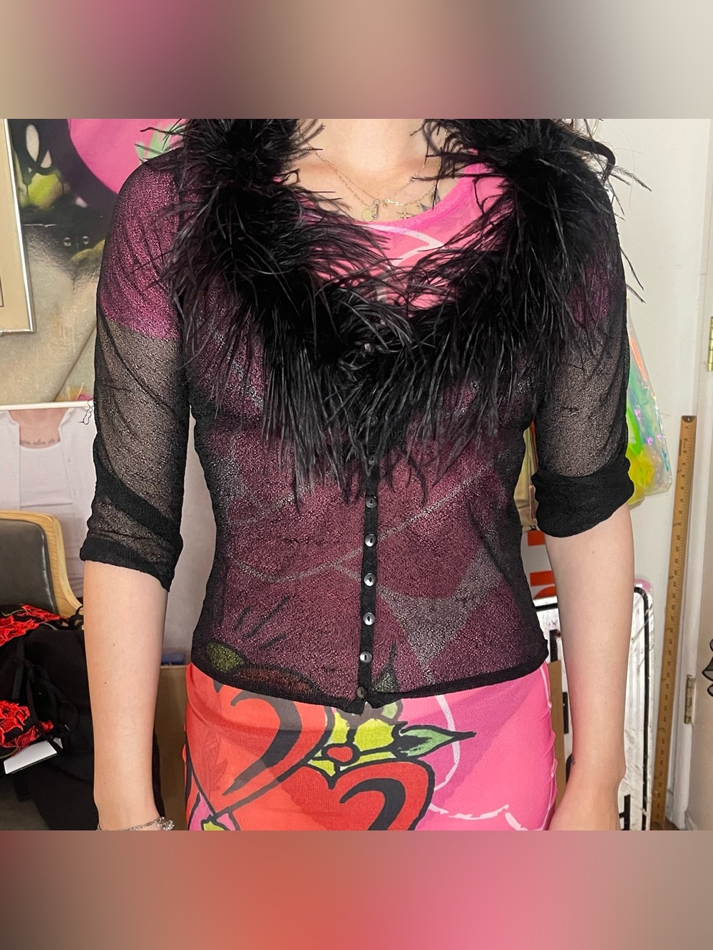 Vintage Betsey Johnson Organza 3/4 Length Cardigan AS IS Feather Collar SZ SM